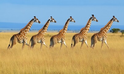 Obraz premium A group of six giraffes walking through a dry grassland with a blue sky background