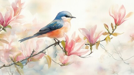 Fototapeta premium Bluebird perched on a branch with blooming pink magnolia flowers
