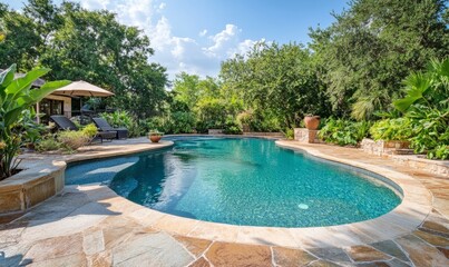 Fototapeta premium Luxurious backyard swimming pool with clear turquoise water and a stone patio, surrounded by lush plants