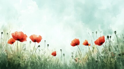 Obraz premium Bright red poppies swaying gently in a lush green field