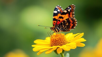 Fototapeta premium Butterfly with orange and black wings perched on yellow flower