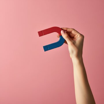 Hand holding u-shaped magnet against pink background