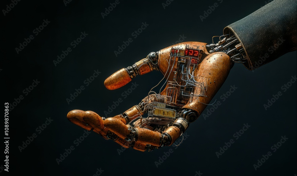 Poster in the robot hand, a means to control humanity as puppets. neural networks and artificial intelligen