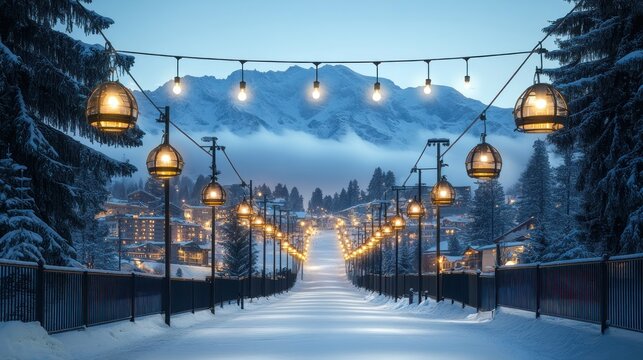 Snowy village street at twilight with string lights.
