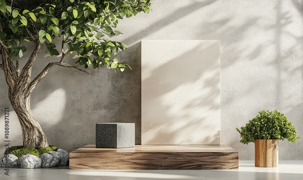Poster product display background object display mockup. empty scene with stone slab, wooden cube and tree 