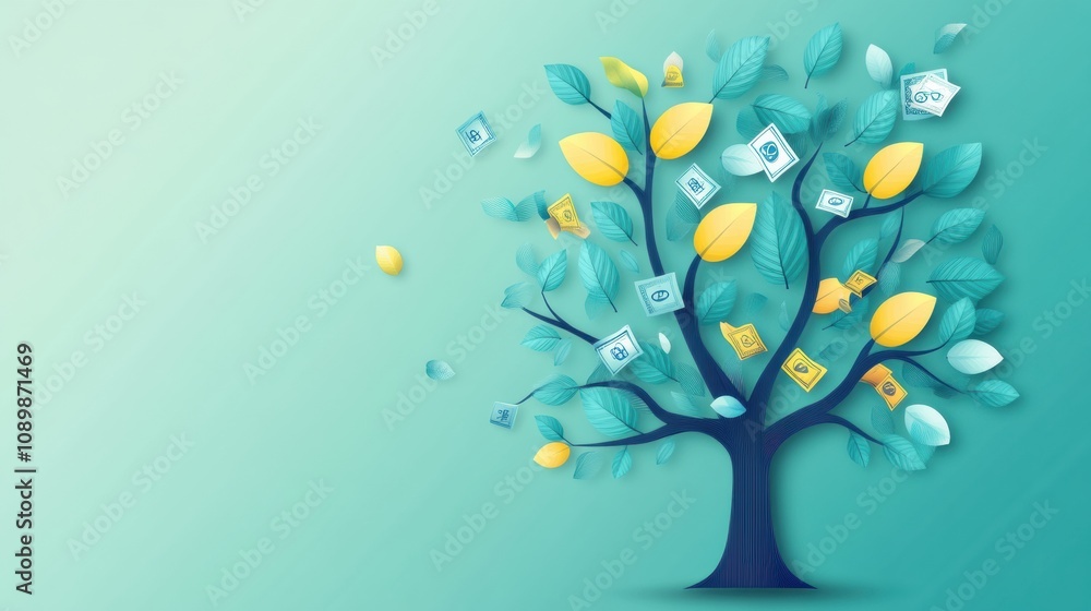 Poster An abstract tree features branches adorned with discount symbols and price tags, creating a unique representation of savings and shopping. Generative AI