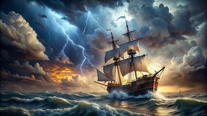 Fototapeta premium A Greek ship with tattered sails navigating a violent storm in the open sea, lightning illuminating dark clouds