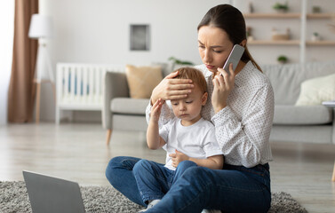 Call to pediatrician. Stressed mother talking to doctor, worried about her son's health, checking...