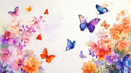 Fototapeta premium Colorful butterflies flutter amidst vibrant watercolor floral arrangements