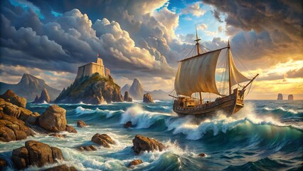 Obraz premium The scene of Odysseus’ ship passing the island of the sirens, with waves gently breaking against rocky shores