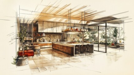 Fototapeta premium A modern kitchen design sketch featuring open space and natural elements.