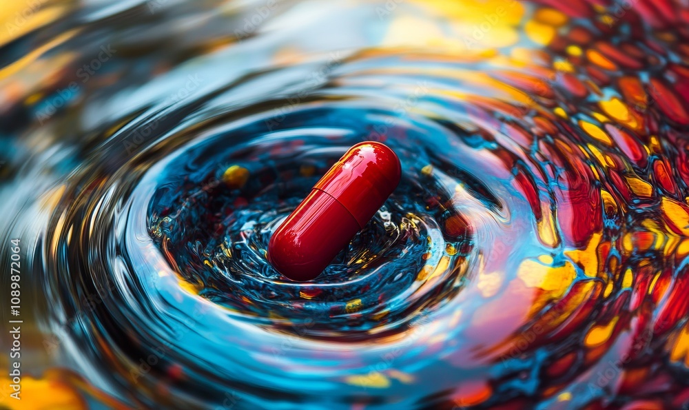 Fototapete red pill dissolving into a pool of vibrant liquid, creating abstract swirls and patterns in the wate