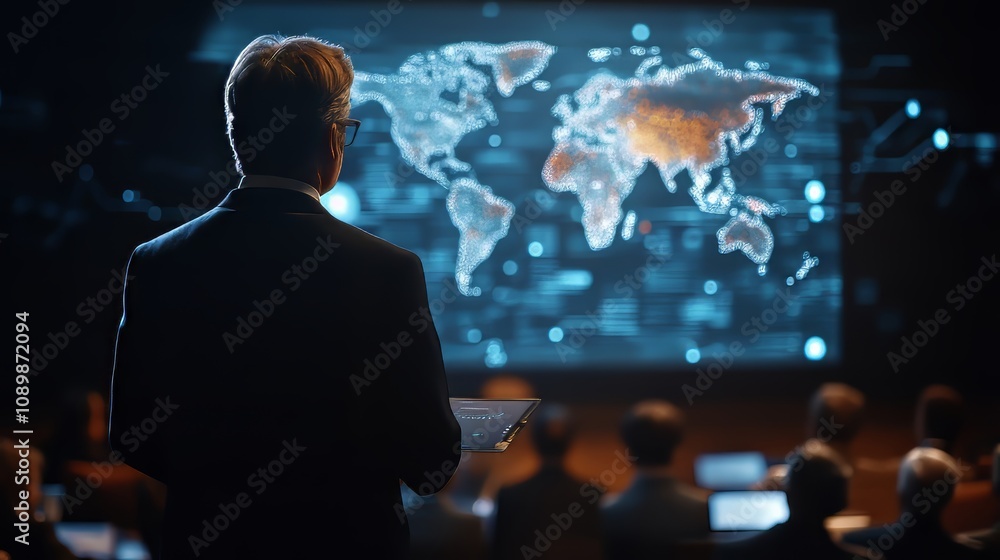 Poster a businessman points at a cybersecurity icon while interacting with a technological business data ne