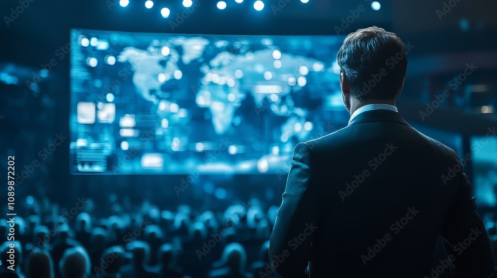 Poster a businessman points at a cybersecurity icon while interacting with a technological business data ne