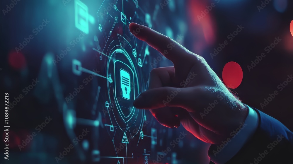 Poster a businessman points at a cybersecurity icon while interacting with a technological business data ne
