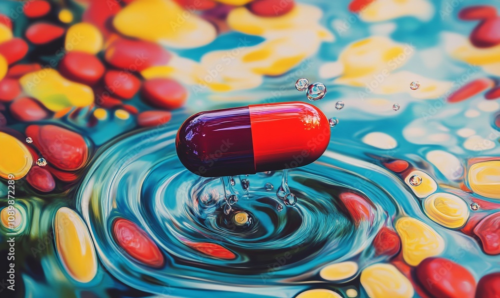 Fototapete red pill dissolving into a pool of vibrant liquid, creating abstract swirls and patterns in the wate