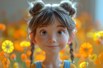 Fototapeta premium A happy young girl is depicted in a 3D cartoon style