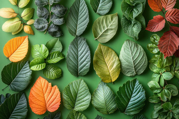 a collection of various leaves arranged on a green background.  