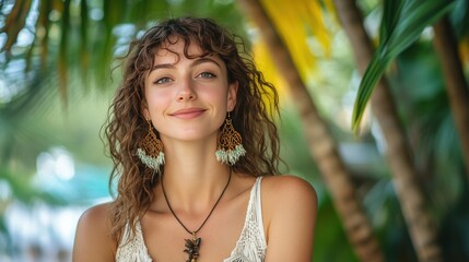 Fototapeta premium Young Woman Smiling Amidst Lush Tropical Foliage with Bohemian Accessories