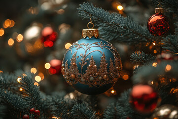 beautiful christmas ball on the tree, decorated with glitter and decorative elements in the form of golden fir trees.  