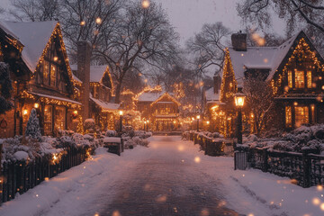 Fototapeta premium winter street with cozy houses decorated with Christmas lights. 