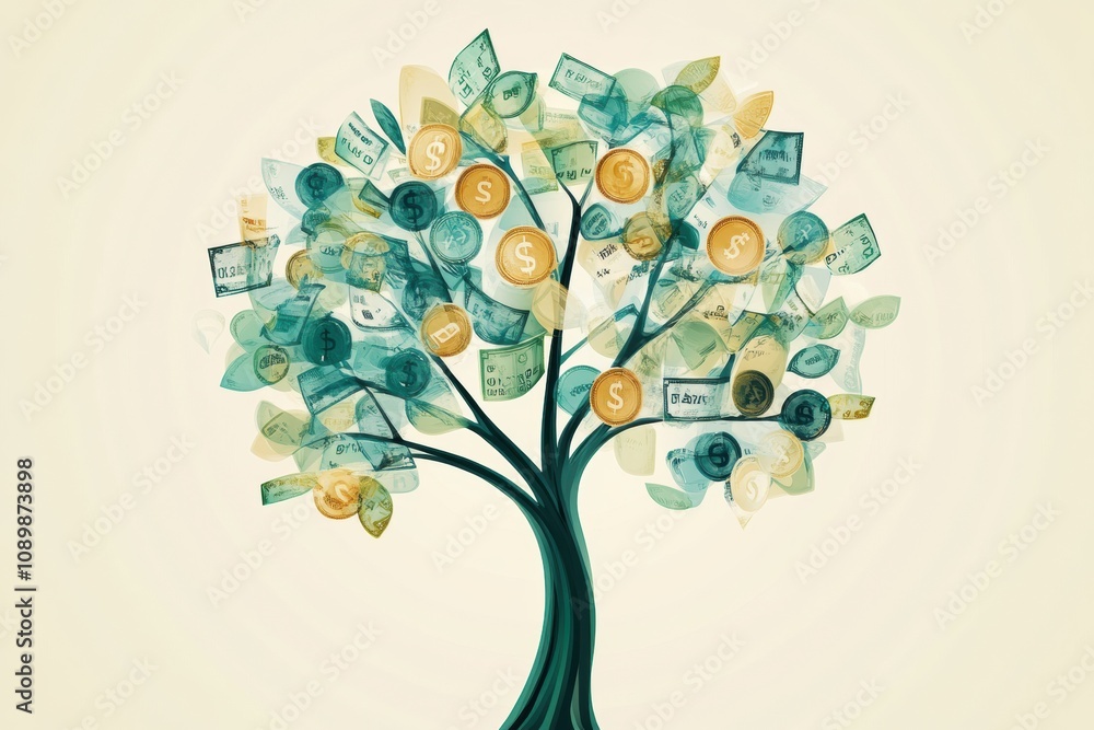 Aufkleber an abstract tree displays discount symbols and price tags as its branches, creatively merging nature