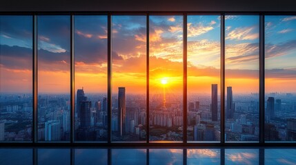 Fototapeta premium Stunning sunset cityscape view from panoramic window.