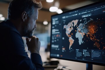 A focused individual analyzing a monitor displaying global data trends on a world map interface, highlighting the significance of global data analytics in technology.