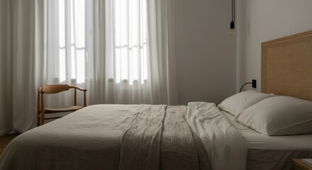 Fototapeta premium Minimalist bedroom design with natural light and wooden accents