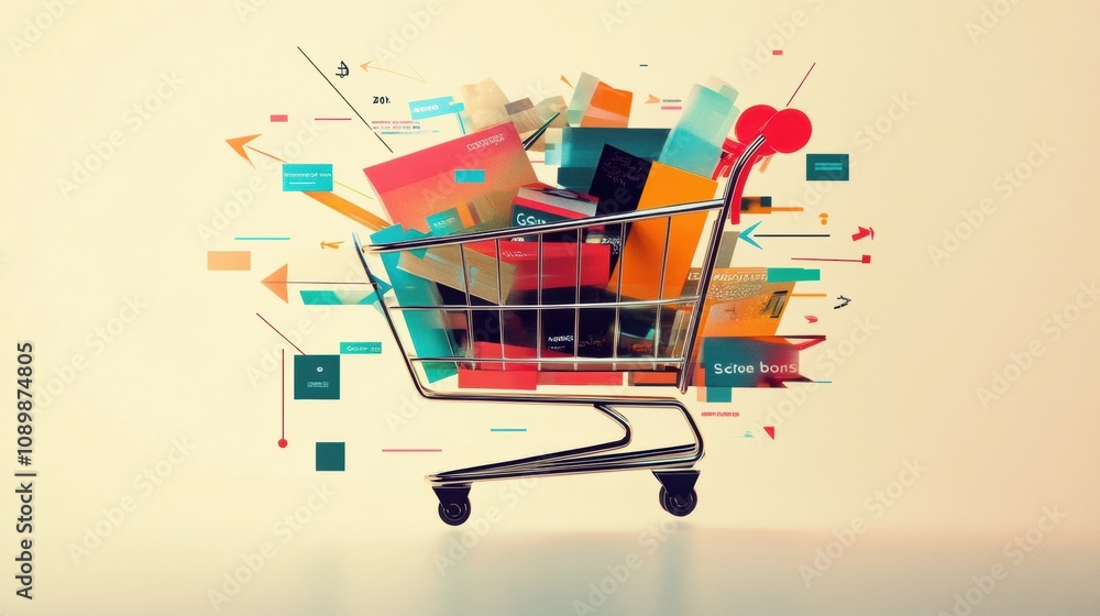 Poster an abstract shopping cart filled with colorful geometric shapes and flowing lines, showcasing a blen