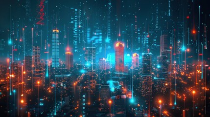 Obraz premium A futuristic city skyline with glowing lights and digital data streams.