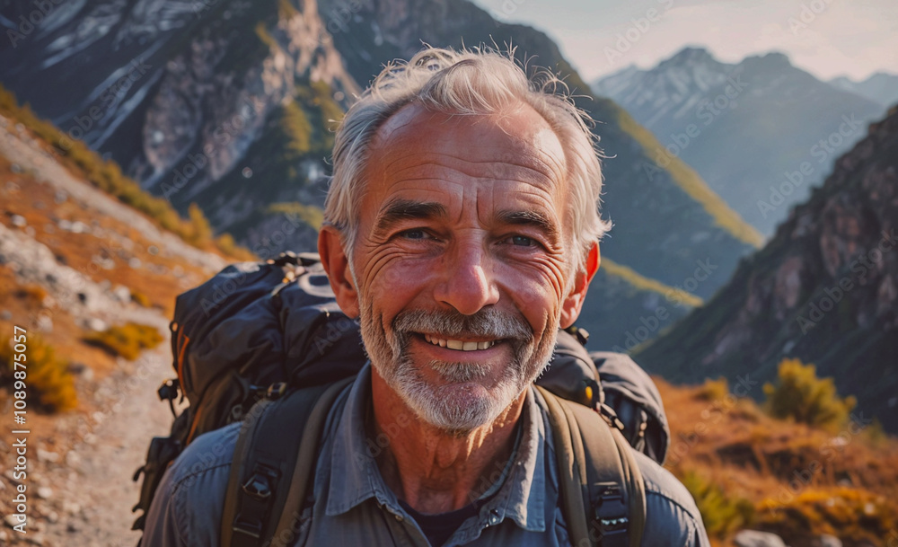 Poster a man with a backpack is smiling and looking at the camera. concept of adventure and excitement, as 