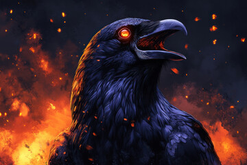 Obraz premium A close-up of a raven with brightly glowing fiery red eyes against a backdrop of raging flames and sparks. 