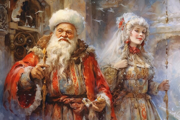 Fototapeta premium Father Frost and Snow Maiden in traditional Russian costumes, standing against a snowy backdrop.
