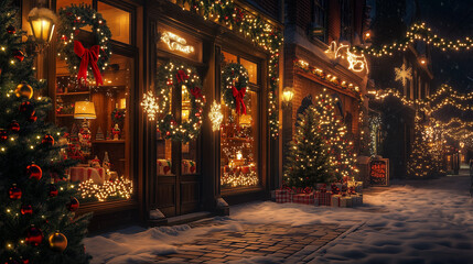 Fototapeta premium Title: Enchanting Christmas Street at Night with Decorated Shop Windows and Snowfall