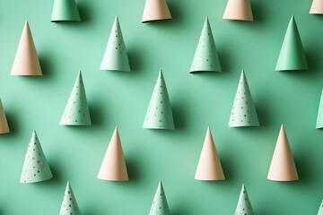 Obraz premium Soft green background with party hat icons in the corners