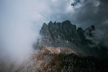 Fototapeta premium Kackar, Altiparmak mountains.High mountain in fog and clouds in the early morning.Gloomy mountain landscape with fog and mist.Rize, Turkey.