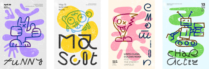 Abstract bold poster set. Funny linear characters and creative contemporary lettering on vibrant organic naive shapes. Retro minimalist typography on modern color schemes. Event graphic posters. Eps