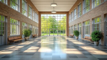 Obraz premium Sunlit hallway with large windows and benches.