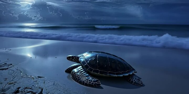 Leatherback turtle laying eggs on a moonlit beach, 4K Video