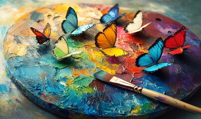 Obraz premium Multicolored butterflies emerging from an artist s paint palette, representing the freedom of imagination