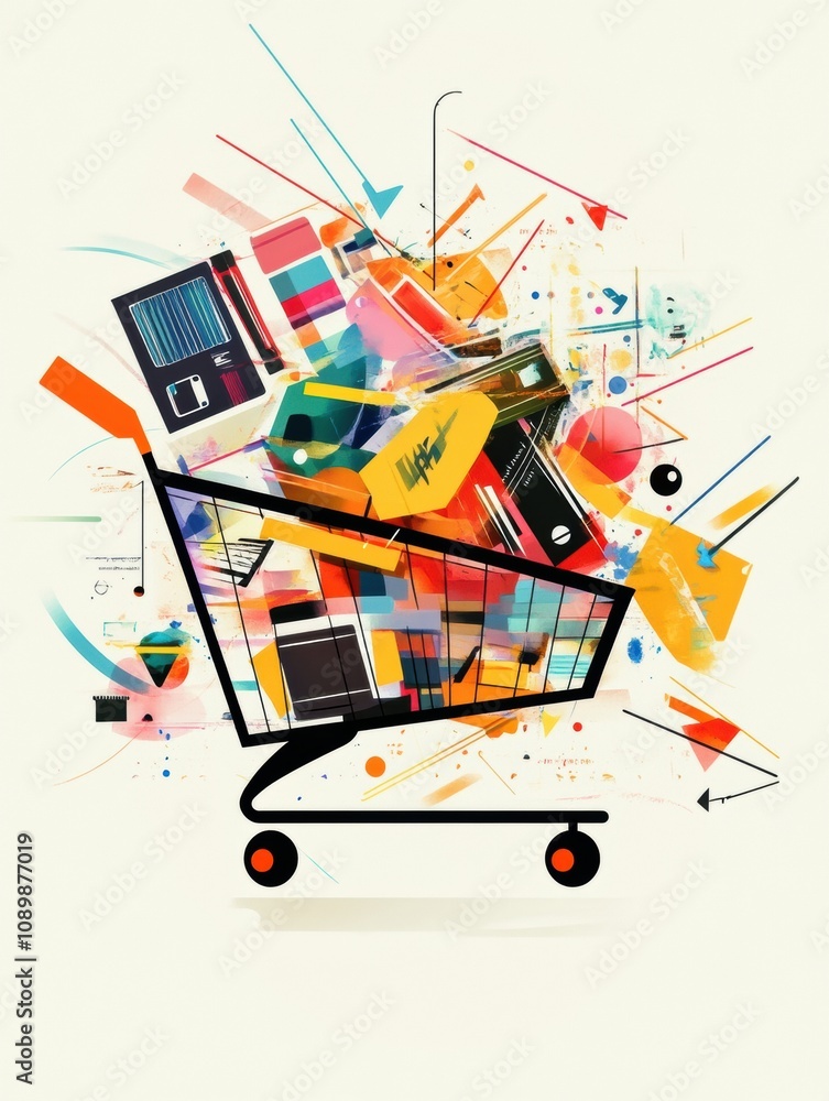 Fototapete An abstract shopping cart brimming with colorful geometric shapes and flowing lines captures a dynamic sense of artistic expression and modernity. Generative AI