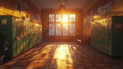 Sunlit school hallway with lockers and posters.