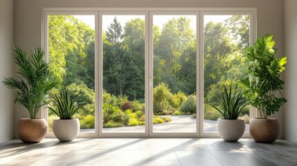 Fototapeta premium Sunlit room with large window and potted plants.