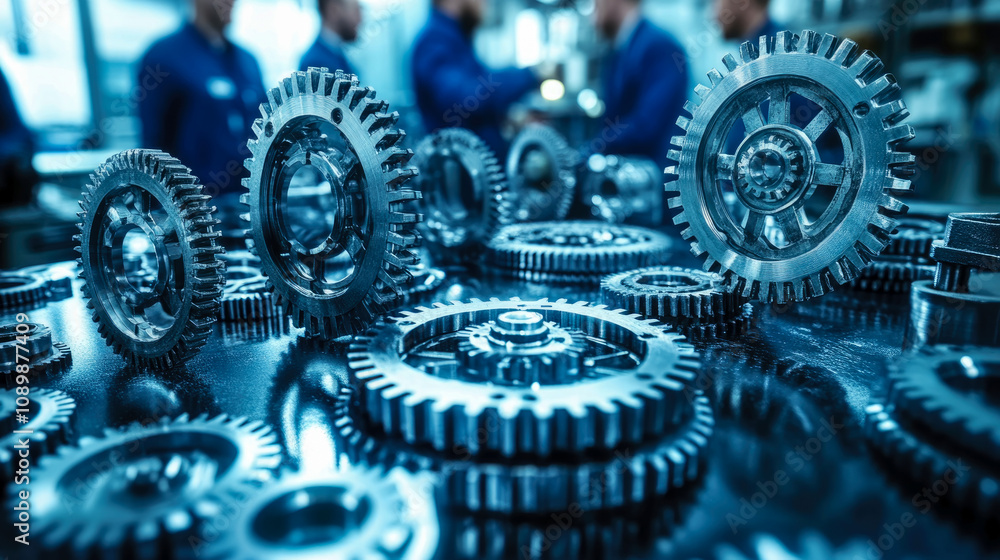 Poster metal gears are scattered on a workbench as engineers collaborate and discuss projects in a busy wor