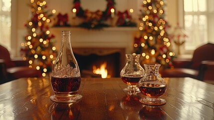 Elegant holiday scene with a cozy fireplace, beautifully decorated Christmas trees, and glasses of festive spirits on a polished wooden table