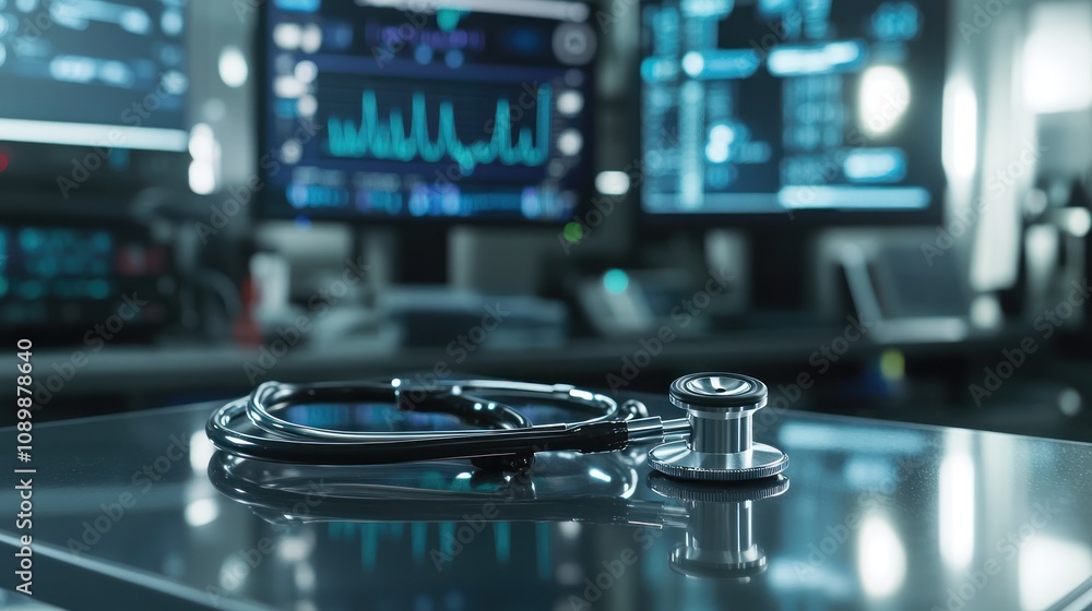 Poster a stethoscope placed on a table in a high-tech medical environment with monitors in the background.