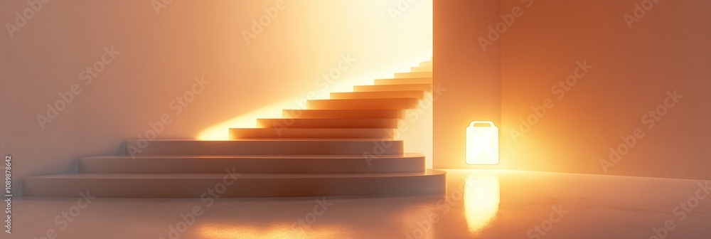 Leinwandbilder Warm light highlights the curves of the stairs, creating an inviting path to a bright opening in a serene minimalist environment. Generative AI