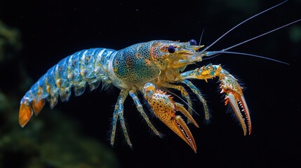 A detailed and vibrant close-up of a colorful crustacean showcasing its intricate patterns and textures, illuminating the underwater world and marine life