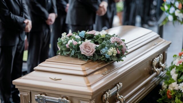 Closed wooden coffin with artificial flowers at a funeral service, closeup view, concept of death, grief, mourning, memorial ceremony, loss and remembrance, religious burial tradition background